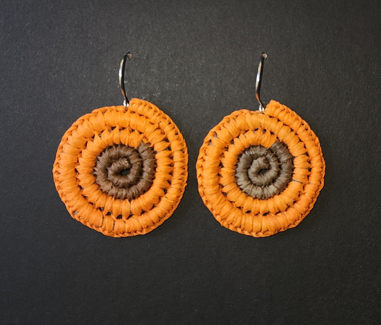Orange & Brown Medium Round Woven Earrings by Tahnae Davison-Bartley