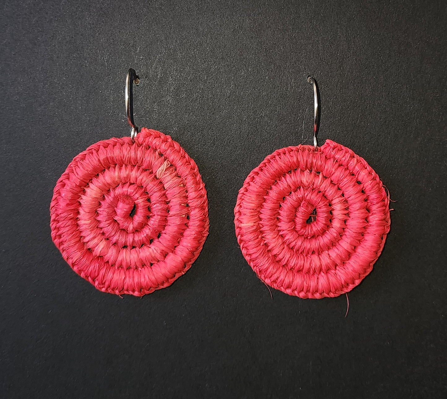 Red Medium Round Woven Earrings by Tahnae Davison-Bartley