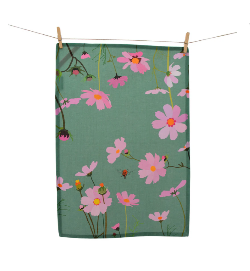 Green Cosmos Tea Towel by Kitty Came Home