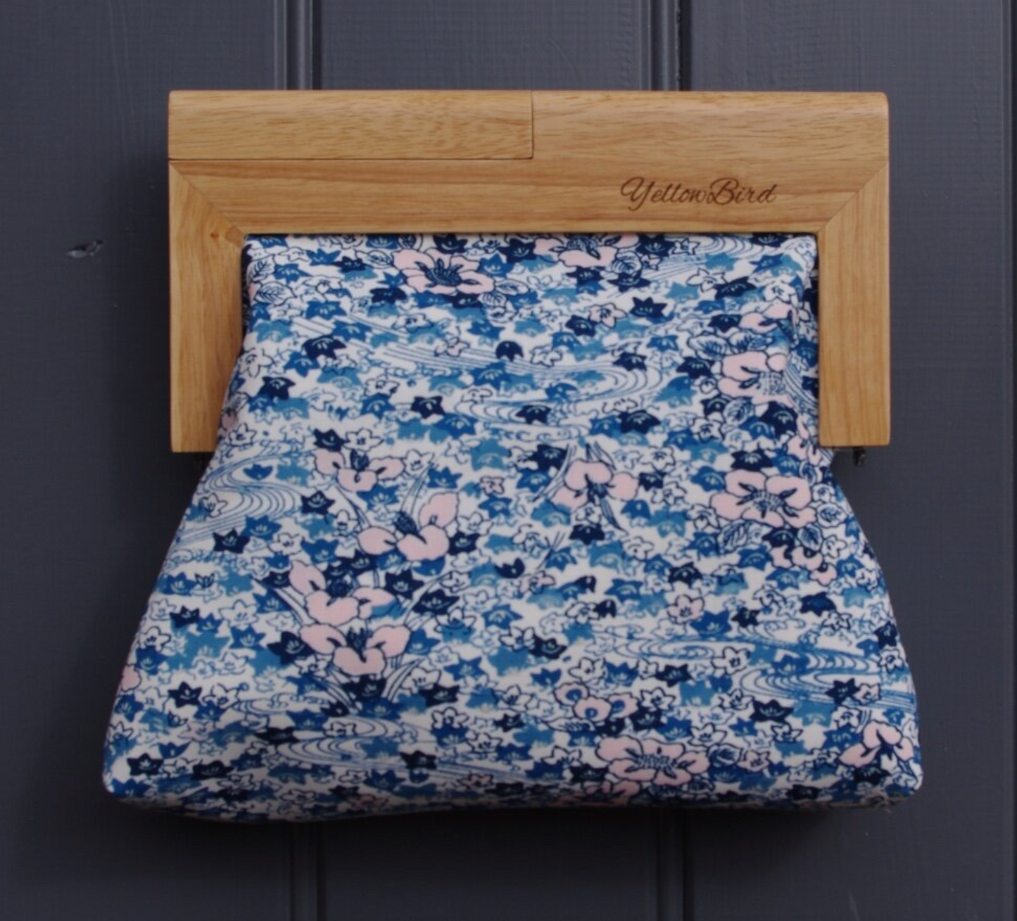 Vintage Kimono 'Soft Pink Blossom on Blue' (Medium) Natural Frame by Yellowbird Handmade