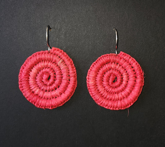 Red Medium Round Woven Earrings by Tahnae Davison-Bartley