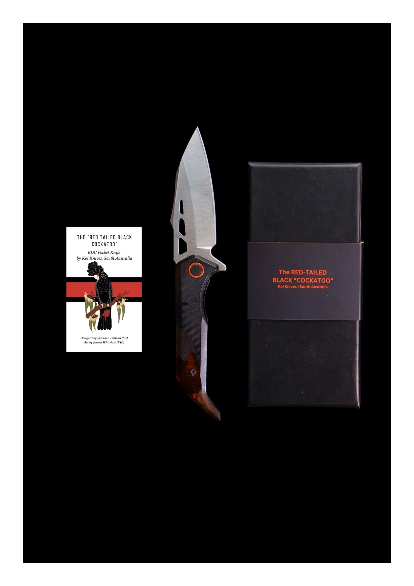 Red Tailed Black Cockatoo Pocket Knife by Koi Knives